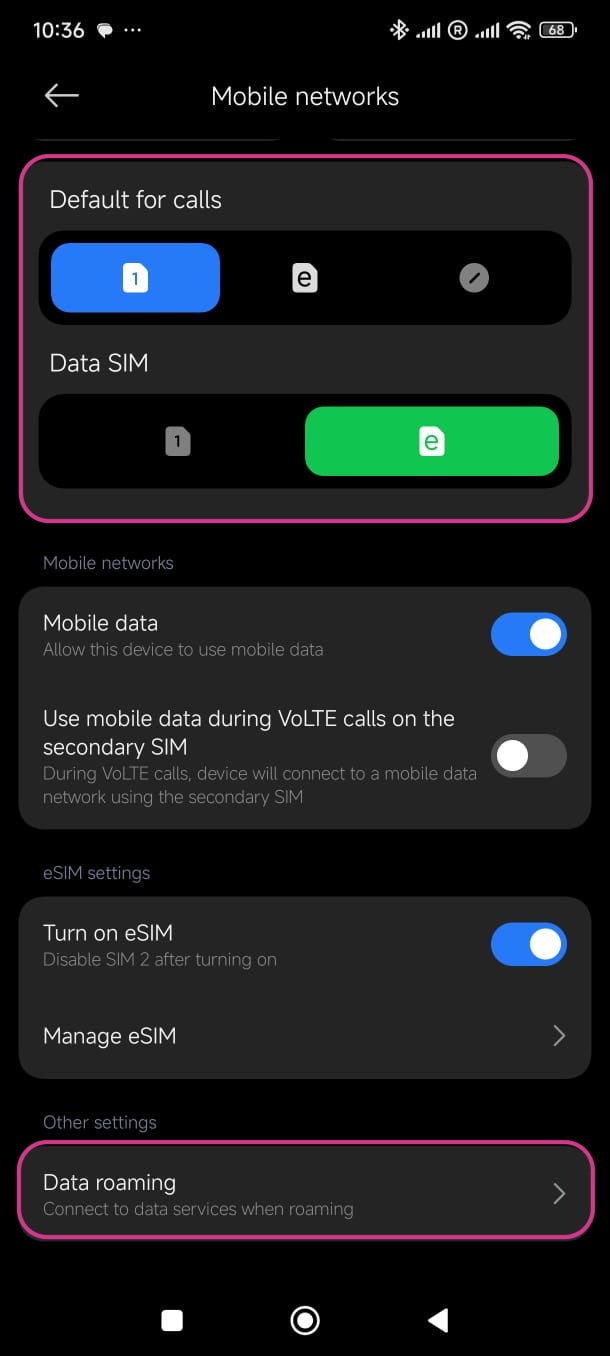 Set the eSIM for data + roaming
