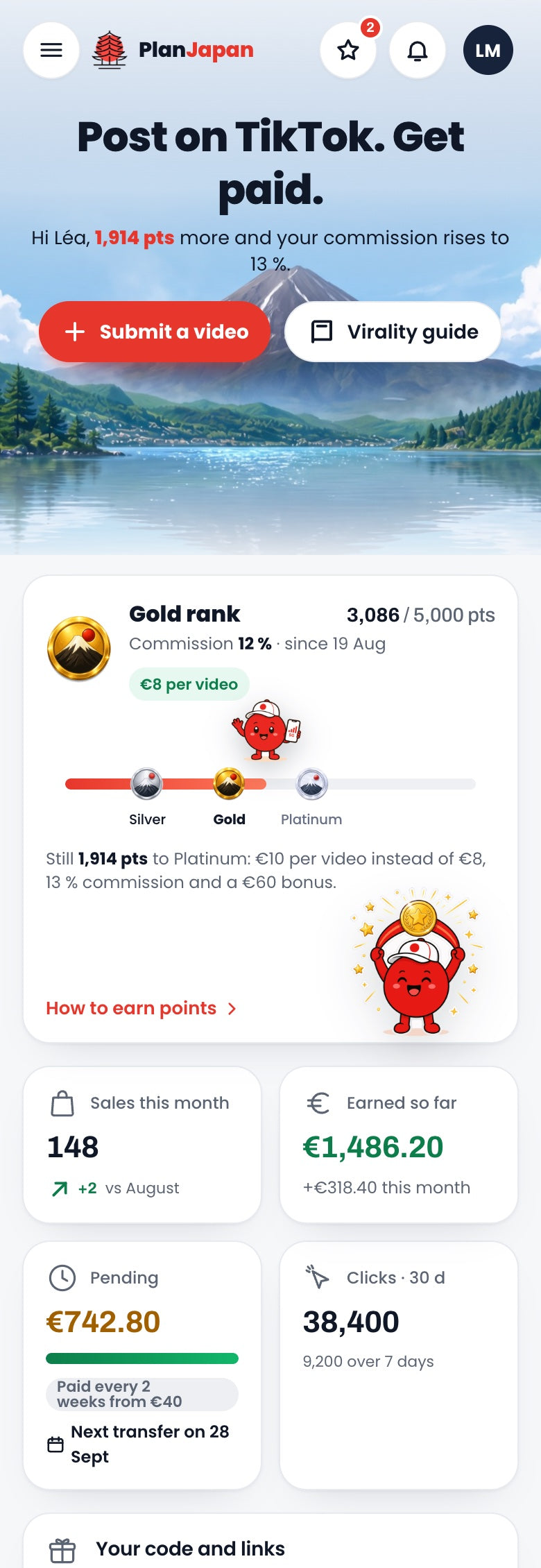 Everything in one place: what you have earned, what is coming, and what you need to shoot your next video.