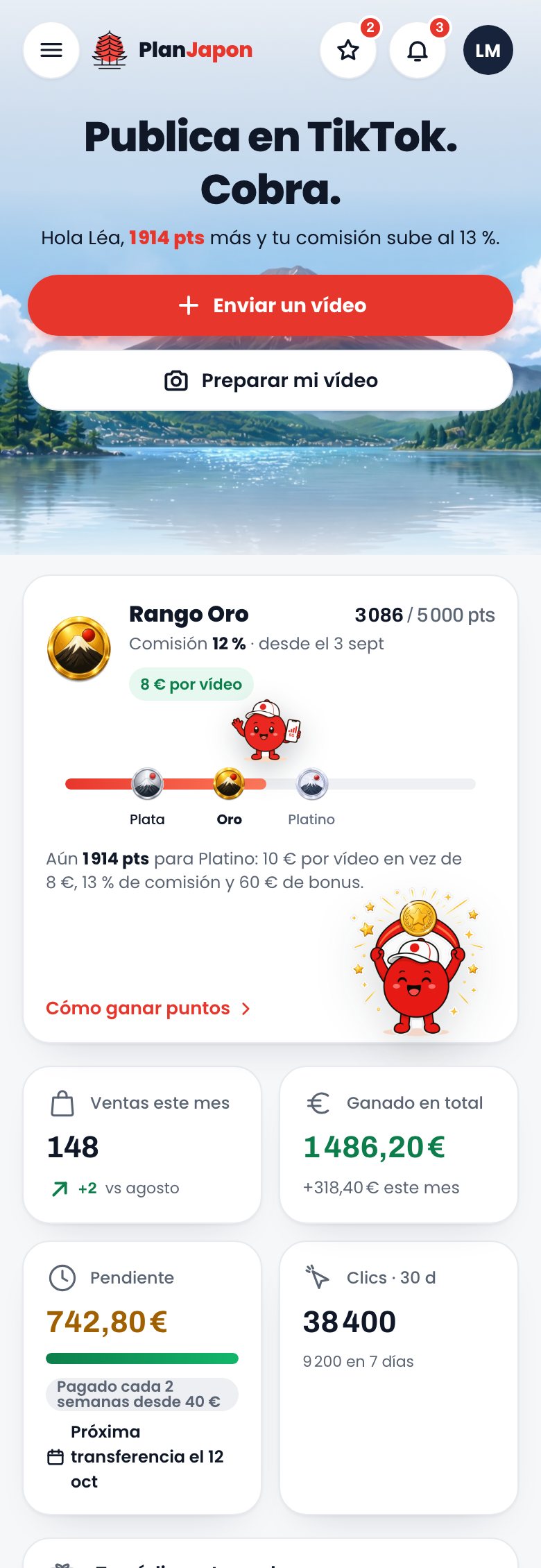 Todo en un mismo sitio: lo que has ganado, lo que llega, y con qué grabar tu próximo vídeo.